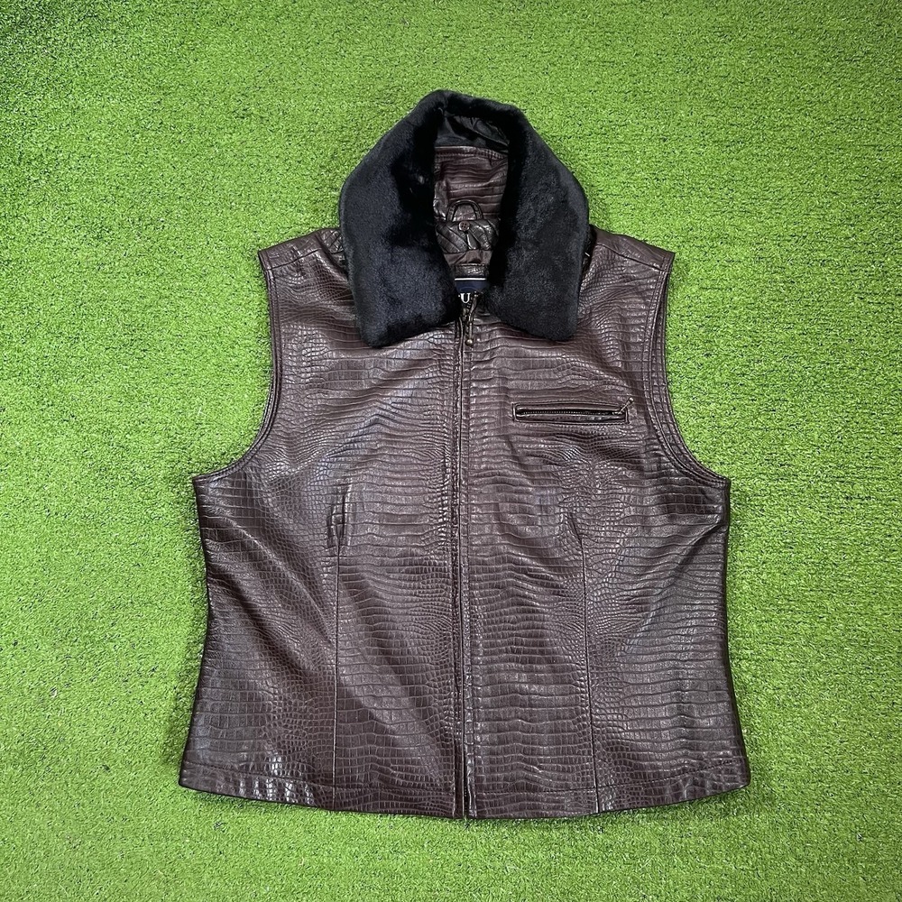 Vintage Leather Vest Women LG Brown Western Croc Embossed Removable "fur" Collar